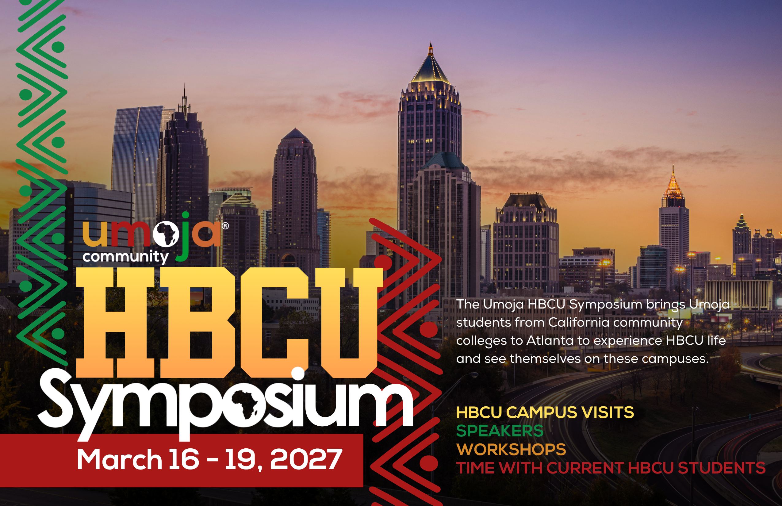 Umoja HBCU Symposium, March 16 to 19, 2027, over the Atlanta skyline at sunset